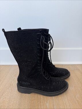 Women's Black Lace-Up Mid-Calf Zippered Sparkle Boots. Worn once.